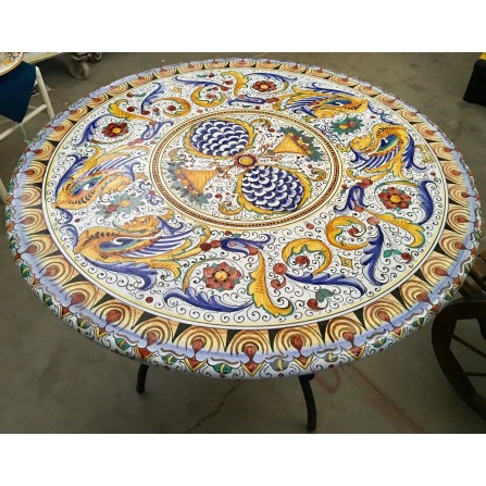 Ceramic round table, rich Deruta style
