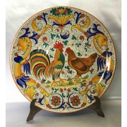 Piatto d'arredo in ceramica Deruta, con gallo e gallina