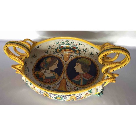 Centro de mesa artístico de cerámica Deruta, 2 caras de hombres y mujeres