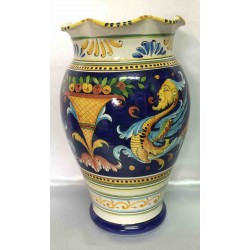 Deruta ceramic vase, Raphael style, blue background, crenellated edge