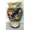 Deruta ceramic vase, Raphael style, blue background, crenellated edge