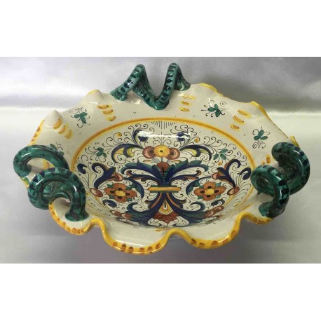 Fruttiera in ceramica, stile ricco Deruta, con manici